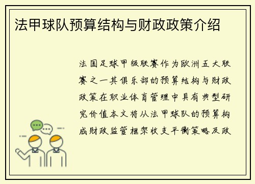 法甲球队预算结构与财政政策介绍